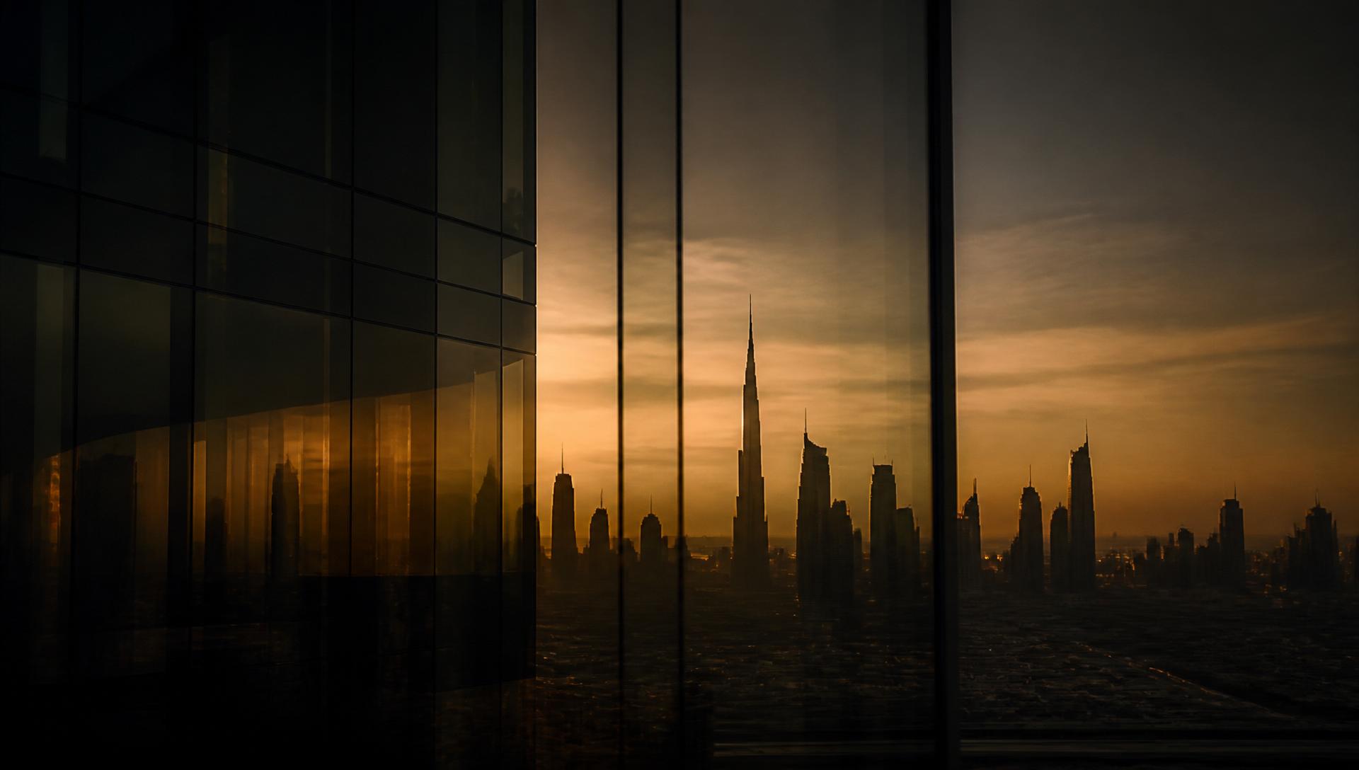 Dubai skyline at dusk reflected in dark glass