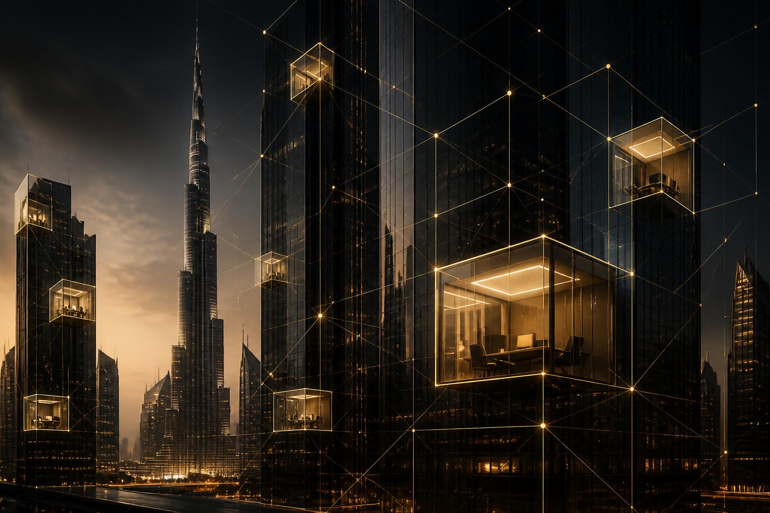 Illuminated glass towers in Dubai with a gold network of isolated workspaces